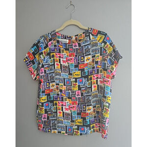Design Elements Multicolor Stamp Print Short Sleeve Top Womans Size Medium